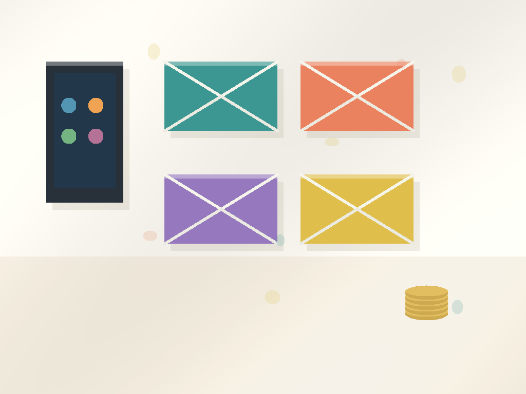 Envelopes coloridos sem texto usados para separar gastos de mercado, transporte e contas