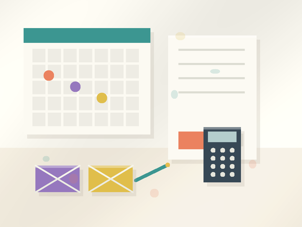 Calendário com dois recebimentos marcados e envelopes coloridos para a quinzena